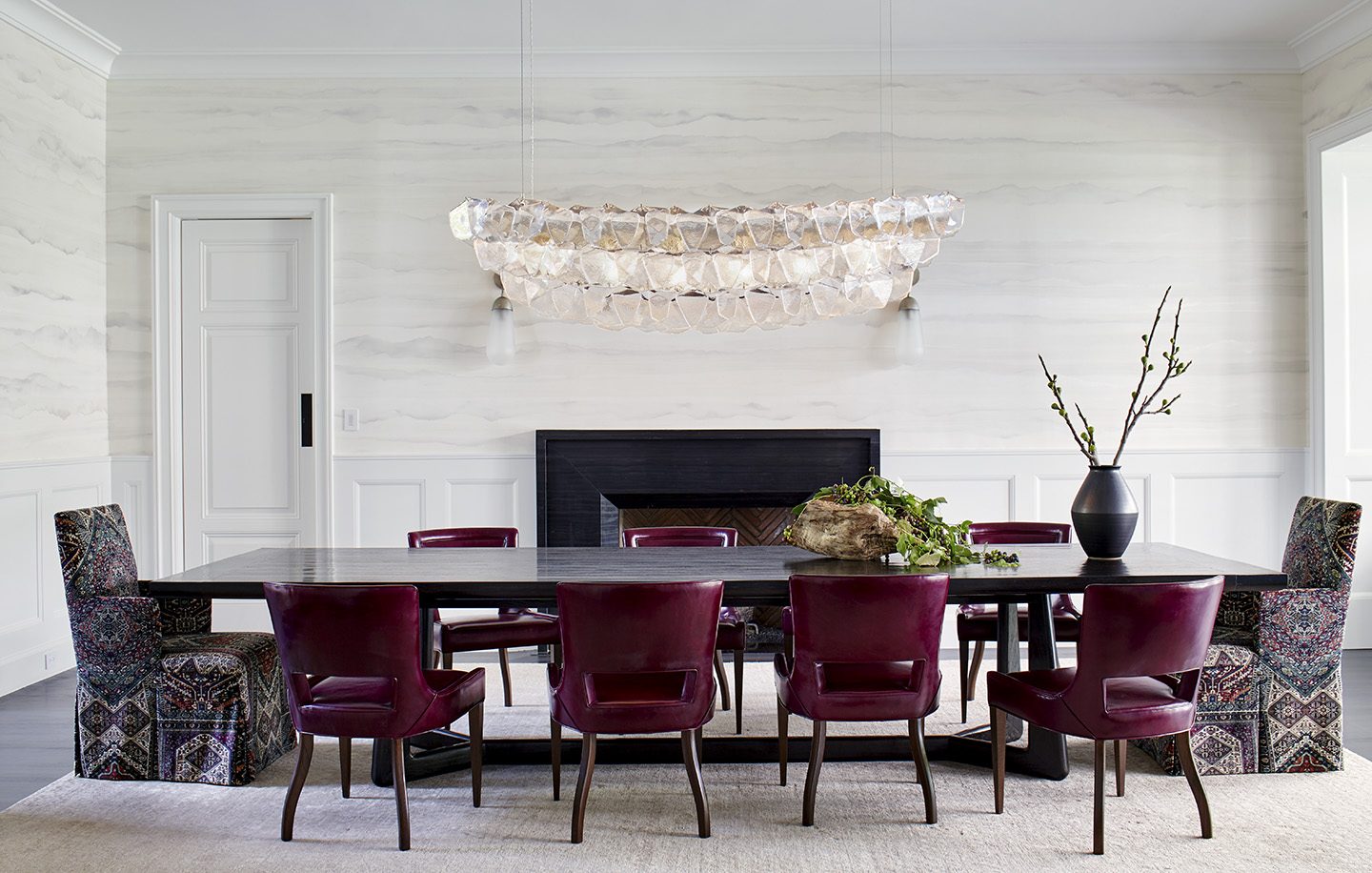 Adam Hunter designed dining room with large crystal chandelier