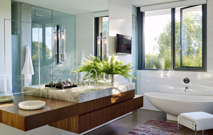 Adam Hunter designed modern bathroom with stand alone tub.